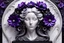 Placeholder: A silver-haired statuesque woman with black-purple silk flowers blooming around her head like a halo. She black to be carved from a block of marble, showcasing an intricate and flawless design. Her enchanting shiny gaze and the delicate flowers, plants decorations surrounding her make this piece a perfect representation of artistry , mystic fantasy and elegance.