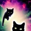 Placeholder: Black cat green eyes flying in space thru a nebulae