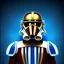 Placeholder: trés beau capitaine galactique, star wars style, avec costumes bleu et or , arrière fond bleu galactique étoilés, casque