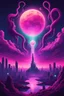 Placeholder: A surreal synthwave landscape featuring a towering cosmic entity with tentacles reaching towards a neon-lit city, under a sky filled with glitching stars, a distorted moon, and dark, swirling cosmic anomalies.