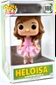 Placeholder: Funko figure of a very young female, smiling, long wavy soft brown hair, wearing a ballerina dress, pink dress, ballet, very cute, ballet pose,. The Funko is displayed inside and outside a limited edition green and yellow Funko box with "HELOISA" text, allowing visibility of the figure, typography, 3D render. White background