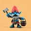 Placeholder: low poly, blueish smurf gremlin dwarf gnome troll miniature model half painted arms outstretched holding battle hammer offering gift, bucket shield background