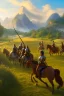 Placeholder: detailed oil painting, renaissance style, of mounted knights galloping across an open field, swords in hand, mountains in distance