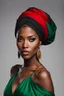 Placeholder: Long shot, beautiful african american woman in headwrap, she is wearing a beautiful (((red, black:1.5, green gown))) in the style of Artgerm and Stefan Kostic, Greg rutkowski, sharp focus, pretty eyes, studio lighting