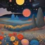 Placeholder: Colourful, peaceful, Max Ernst, night sky filled with galaxies and stars, rock formations, trees, flowers, one-line drawing, sharp focus, 8k, deep 3d field, intricate, ornate, hypermaximalist