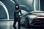 Placeholder: A Full-Length Pale Dark-Haired Woman With A Straight Bob Hairstyle With A Fringe, In A Futuristic Leather Outfit, And Gloves, Standing Next To A Futuristic Car, in a futuristic city