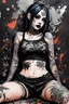 Placeholder: Petit girl goth many tattoos on his body, lying pose, halfbody, PAPERCUT style portrait multi layered metalics and rough texture paint splashes and streaks and blotches industrial