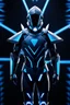 Placeholder: neon blue, floating parts of armor in form of light triangle orbiting behind the back, cyber armor, geometric patterns on armor, male, orbiting triangle