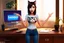 Placeholder: 3D video game character, brunette woman with blue eyes in t-shirt with a cat head on it, blue jeans, standing happily shocked looking at a computer on a desk, there is a sign on the monitor "54000!!!" in an elegant modern room in sunshine