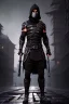 Placeholder: muscular ninja assassin, athletic build, wearing black and gray baggy pants with pockets, black hood and black balaclava mask, big boots, buckles, straps, daggers, dark hazel eyes, eyes are both in proportion and green, 3/4 look, standing, dark cobblestone alley, candle light behind head, intense, non photorealistic rendering in the art style of j.scott campbell