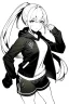 Placeholder: blonde girl with ponytails dressed in a jacket and shorts walks briskly, greyscale