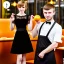 Placeholder: Russian guy young wife boyish boylike short man's haircut men's face boyish features in black girlish lacy cocktail dress as mother in restaurant