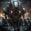 Placeholder: a close up portrait of an evil combat robot. photorealistic. lots of greebling; little hoses, lights, and weapon systems. chaos space marine meets the matrix meets the Borg. the lighting should be dark. it's approaching you in the shadows of a dark spaceship corridor. it's battle damaged. some burn marks and bullet holes. incredibly ominous.