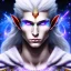 Placeholder: cosmic mage, elf, male, battle mage, cosmic sword, epic, cosmic magic, staff, long ears, white hair, face details, odd-eyes, dark skin, detailed eyes, jewellery