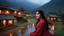 Placeholder: (Photographic View) The image should depict a serene evening scene of a traditional Pakistani village at beautiful dark heavy rainy night, featuring a (closeup face view of a) young happy woman (with beautiful long black hair) whirling wearing a navy-blue checkered dress with red embroidery, surrounded by rustic houses, thick trees & breathtaking mountain landscapes, bathed in soft golden light & dramatic hues of orange, pink, & purple.