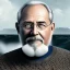 Placeholder: award winning portrait photo of an older male medieval grizzled sailor in a knitted sweater with wrinkles on face, ocean, waves, mountain cliffside with breaking waves, stormy, sinister, evil, (backlighting:1.3), digital painting, concept art, smooth, sharp focus, rule of thirds, dark fantasy,intricate details, medium shot