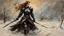 Placeholder: a warrior woman in black armor on the background of a cold snow-covered country, ice and crystal, frost and snow, oil and pastel, by Leonid Afremov & William Kentridge & Anna Razumovskaya