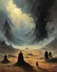 Placeholder: picture of a infernal mass of dancing shadows and smoke that walks on a barren landscape. concept art in the style of lovecraft enki bilal giger beksinski Alan lee d&d larry Elmore greg Rutkowski john howe William Morris