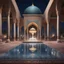 Placeholder: Hyper realistic Outside historical Mosque with detailed glass work on pillars with beautiful carpet & water fountain at night