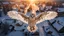 Placeholder: angel's view back to the camera a barn owl flying over a small winter village, snowy landscape, little light, sunrise, some small Hungarian old country houses from above, perspective, high detailed, sharp focuses, photorealistic, cinematic