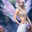 Placeholder: fantasy fairy with transparent wings, smiling, make up, long platinum blond hair with crown and flowers, arcoris dress