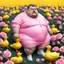 Placeholder: A fat, furry man wearing a Balenciaga dress is sitting in a field of pink roses next to yellow plastic ducks and eating ice cream.