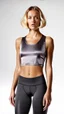 Placeholder: photography of a beautiful anorexic woman, grey satin triathlon top, sports illustrated, blond short wavy bob haircut, pronounced sternum, flat chest, anthracite cycling leggins