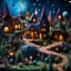 Placeholder: Detailed creepy cozy landscape made of modeling clay, fairytale village, people, stars and planets, naïve, Tim Burton, strong texture, extreme detail, Max Ernst, decal, rich moody colors, sparkles, bokeh