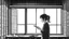 Placeholder: monochromatic japanese classroom with a shadowy figure looking out the window holding a transparent key emanating glow that colors the surroundings, anime