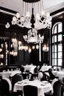 Placeholder: "Shoot a Neo-classic style restaurant with black, white, and residential-colored tables and chairs, along with chandeliers for lighting."