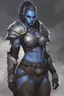 Placeholder: a young female blue skinned orc, blue eyes, muscular, digital art, in heavy armor, white hair