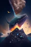 Placeholder: A whale from the volcano flies over the precious stones