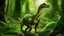 Placeholder: A parasaurolophus stands in a lush Cretaceous forest environment. The large duck-billed dinosaur's distinctive long, curved head crest extends backward from its skull in a tube-like shape. The parasaurolophus has olive-green scales, a robust body structure, and walks on all fours. Dense prehistoric vegetation surrounds the dinosaur, including tall conifers, cycads, and tree ferns with detailed fronds. Dappled sunlight filters through the forest canopy, creating subtle shadows on the forest floor
