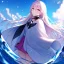 Placeholder: Clear focus,High resolution, Blue long hair, Light pink eyes,Wearing a white cloak,Wearing a pink short skirt,wearing a black collar,Looking away from the viewer, Blurry floating water