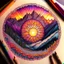 Placeholder: Mandala drawing with colored pencils of a sunset in the mountains.