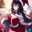 Placeholder: Clear focus, high resolution, black long fluffy hair, red eyes, wearing a chrimstas outfit, wearing a red short skirt, wearing a santa hat