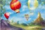 Placeholder: whimsical postcard with watercolor of a hot air balloon, children's book illustration, peter rabbit