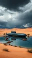 Placeholder: A nuclear submarine side view appeared in the desert on a little lake with sands T rex dinosaurs are in it and around it and stormy clouds , and some mountains in the distance background