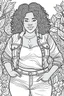 Placeholder: black curvy woman wearing jeans, eyes front camera coloring page floral background