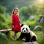 Placeholder: very beautiful realistic10 years old girl playing with a panda