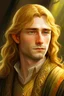 Placeholder: A young serene Lord Of The Rings like man with mid-length golden hair that cascades gracefully, and a short beard. His open eyes, with blind pupils, reflect a depth of wisdom and inner peace. A gentle smile graces his face, adding warmth to his tranquil demeanor.