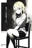 Placeholder: blonde girl converses sitting on a chair., grayscale, manga page