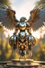 Placeholder: Full body eagle cyborg straddle wings, detailed, intricate, mechanical, gears cogs cables wires circuits, gold silver chrome copper, blurred woodland background, shallow depth of focus, render, cgi, ray-tracing