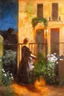 Placeholder: Night, one woman, house, dirt, flowers, vegetations, arnold bocklin, and henry fuseli paintings