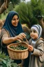 Placeholder: A mother wearing a hijab picks olives from the tree, and a son holds the basket sideways and is happy