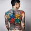 Placeholder: Dramatic full-back tattoo of a colorful Majong puzzle, Japanese calligraphy lettering, photorealistic, dramatic, body art