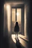 Placeholder: Movie poster, a girl overlooking paris from her room behind her is a door and shadow like figure watching her, light rays coming from the room and fading to darkness the title "just leave" on the floor