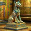 Placeholder: Cubism iridescent 3D-shaded Egyptian abstract art in Morris Hirshfield's richly textured style on weathered parchment. Engraved Egyptian glyphs. Highly detailed. (Bastet, the Egyptian cat goddess, sitting on a pedestal in a complex, detailed temple room, in front of beautifully decorated pillars adorned with Egyptian glyphs, and ankhs, on a noble, tiled floor. The cat wears tattoos, and her body is adorned with precious gold and lapis lazuli jewelry.) palm trees, more cats in soft focus backgrou