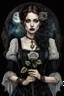 Placeholder: hyper photorealistic watercolor art style of a steampunk gothic style young woman with pale skin, big dark eyes, tiny nose, tiny mouth and messy dark hair , deep, dark colors, holding a black rose. She is gothic dressed, her expression is melancholic, surreal with mysterious elements. smooth blending, extremely detailed, realistic textures, cinematic, dramatic lighting