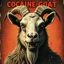 Placeholder: Gritty disintegrated photography, based on the Iconic 'Cocaine Bear'' poster but text "Cocaine Goat" with full body anthropomorphic sinister evil goat with frothing mouth, satirical,